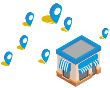 Local comercial con íconos de ubicación alrededor