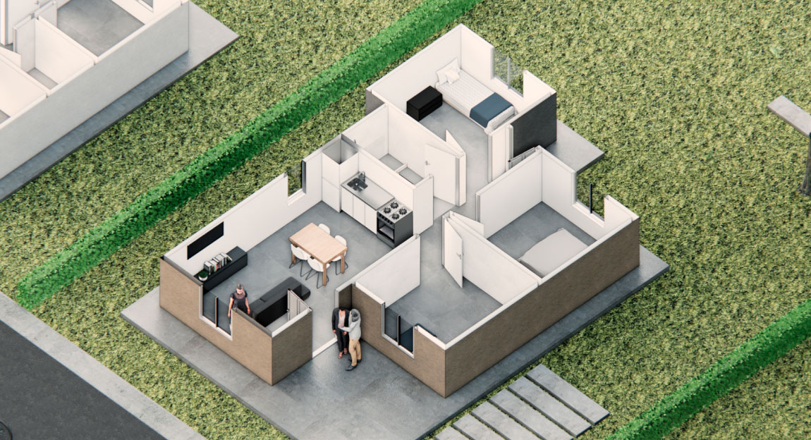 Render 3D del modelo Madryn, con 3 dormitorios de 60mts cuadrados