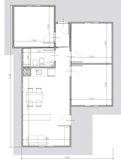 Plano del modelo Madryn, con 3 dormitorios de 60mts cuadrados