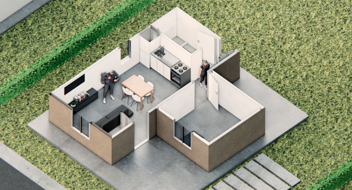 Render 3D del modelo Pampa, con 1 dormitorio de 38mts cuadrados