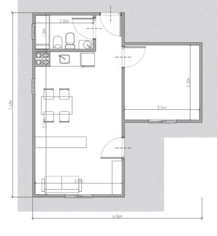 Plano del modelo Pampa, con 1 dormitorio de 38mts cuadrados