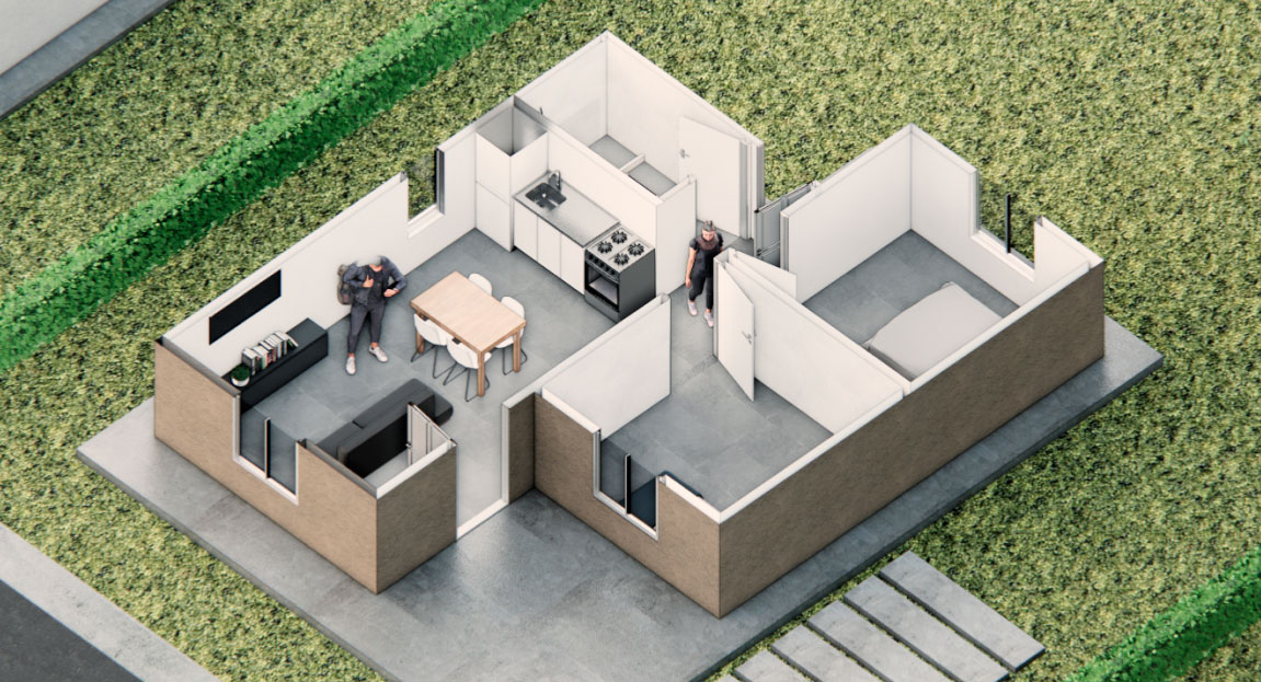 Render 3D del modelo Patagonia, con 2 dormitorios de 48mts cuadrados