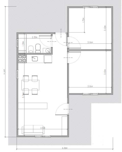 Plano del modelo Patagonia, con 2 dormitorios de 48mts cuadrados