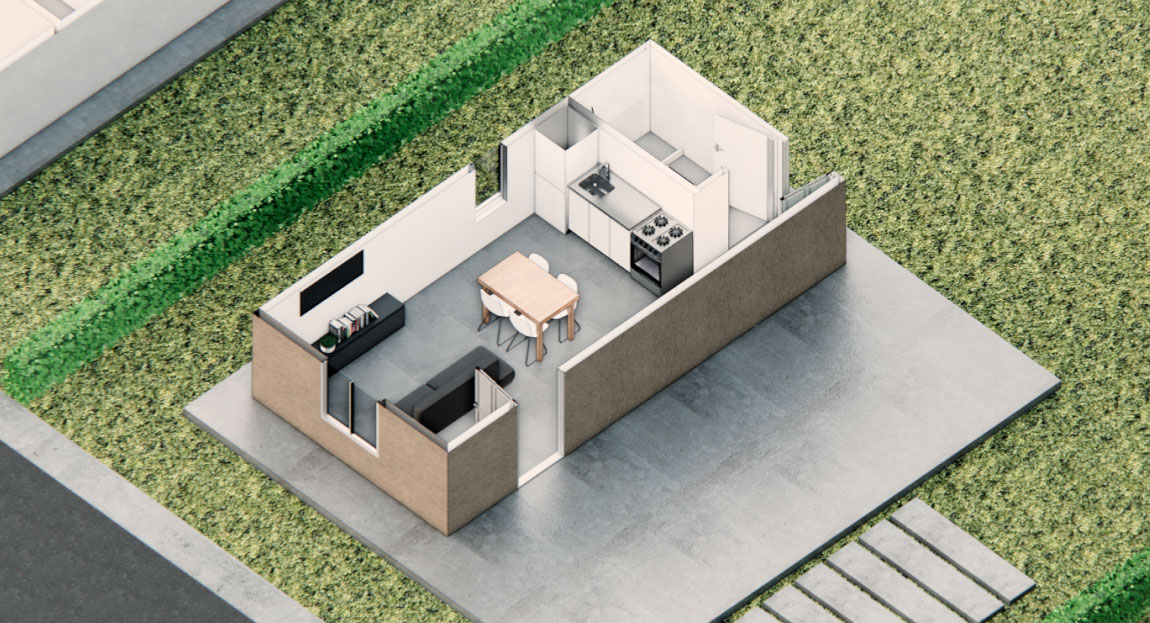 Render 3D del modelo Sierra, monoambiente de 28mts cuadrados