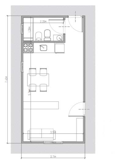 Plano del modelo Sierra, monoambiente de 28mts cuadrados